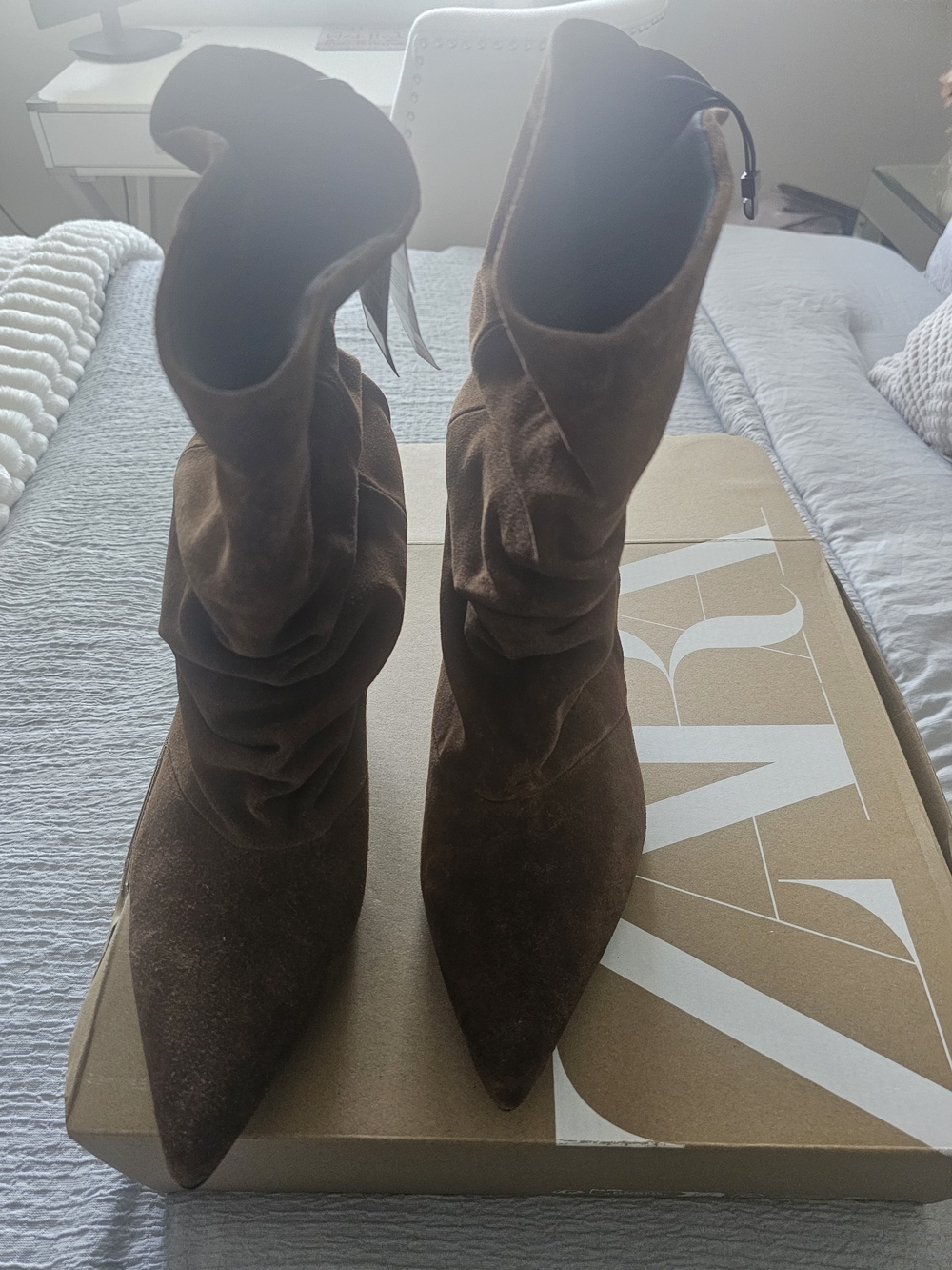 Brown Suede Slouchy Kitten Heel Boots - Picture 9 of 11